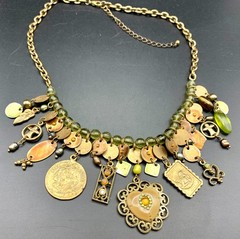 Vintage Dangle Cluster Charm Necklace w/ Olivine Glass Beads Coins Gold Tone