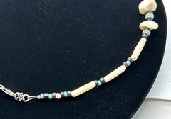 Chunky Handmade Necklace: Bone, Turquoise & Horn w Sterling Closure.