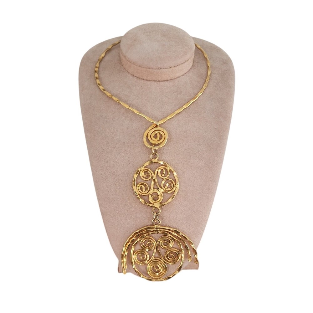Vintage 70s Gold Necklace Spiral Disc Cascade Ancient Greek Style