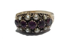 ANTIQUE VICTORIAN ENGLISH 9K GOLD ALMANDINE GARNET & SEED PEARL RING