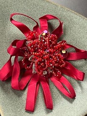 Large Red Beaded Layered Flower w Silk Ribbon Loops Brooch Pin – 3.75 inches in