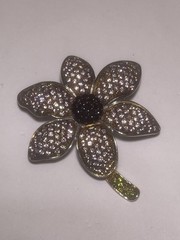 Vintage JJJ 2.5” Flower Pin With Pave Clear Brown Black Rhinestone