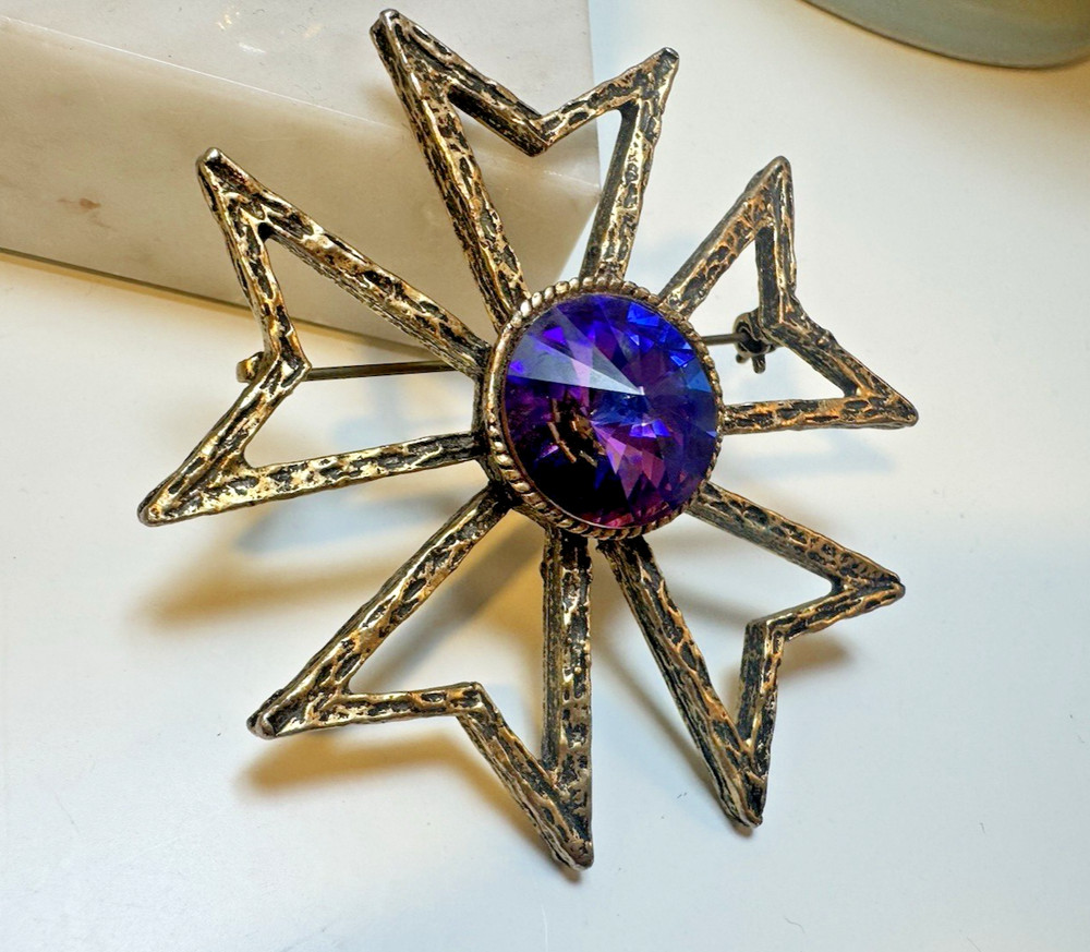Vintage Signed Edlee Rivoli Purple Rhinestone Maltese Cross Brooch Etruscan
