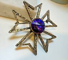 Vintage Signed Edlee Rivoli Purple Rhinestone Maltese Cross Brooch Etruscan