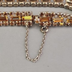 Vintage Rhinestone Bracelet Orange Glass Tennis Safety Chain Gold Tone 6.5″