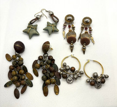 Vintage Lot of 4 Boho Statement Earrings Mixed Materials Wood Metal Beads Star