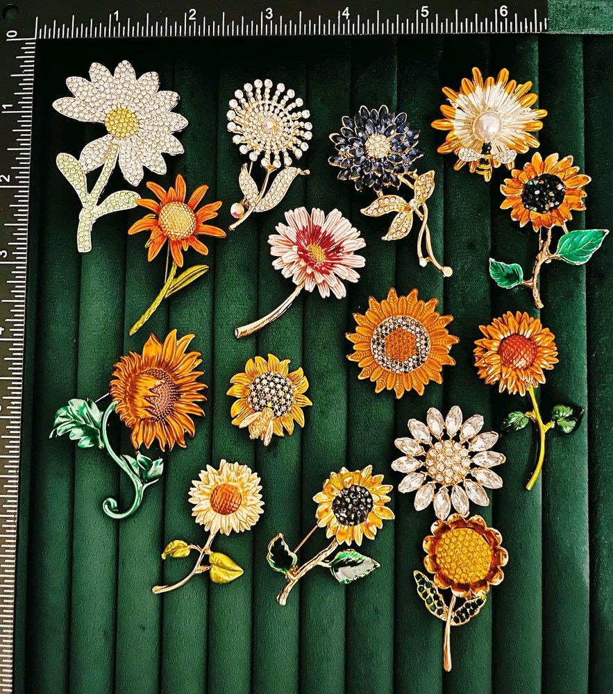 Lot 15 Sunflower Daisy Brooches Rhinestone Enamel Floral Pin Set Mixed Jewelry