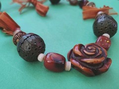 Vintage Lucite ROSE, AMBER STONE, Pink Cat’s Eye Beaded Necklace W/ Ribbon Tie