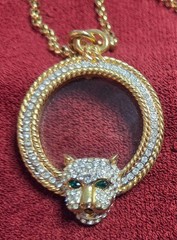 Vintage Jackie Collins Pave Panther Magnifying Glass Necklace Gold Tone, 30″