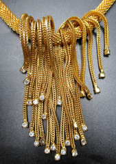 HATTIE CARNEGIE Rhinestone Waterfall Golden Mesh Rope Fringe Vintage Necklace