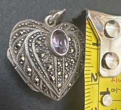 VINTAGE HEART LOCKET AMETHYST STERLING SILVER 925 PENDANT MARCASITE LOVE RETRO