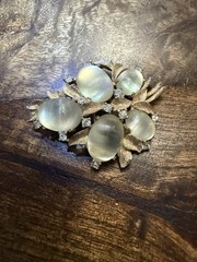 Vintage Joseph Mazer Jomaz Golden Ridged Moonstone Cabochon & Rhinestone Brooch