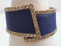 Gold Tone Blue Pebble Leather Inlay Hinge Bracelet With Clear Crystal 6.75 in