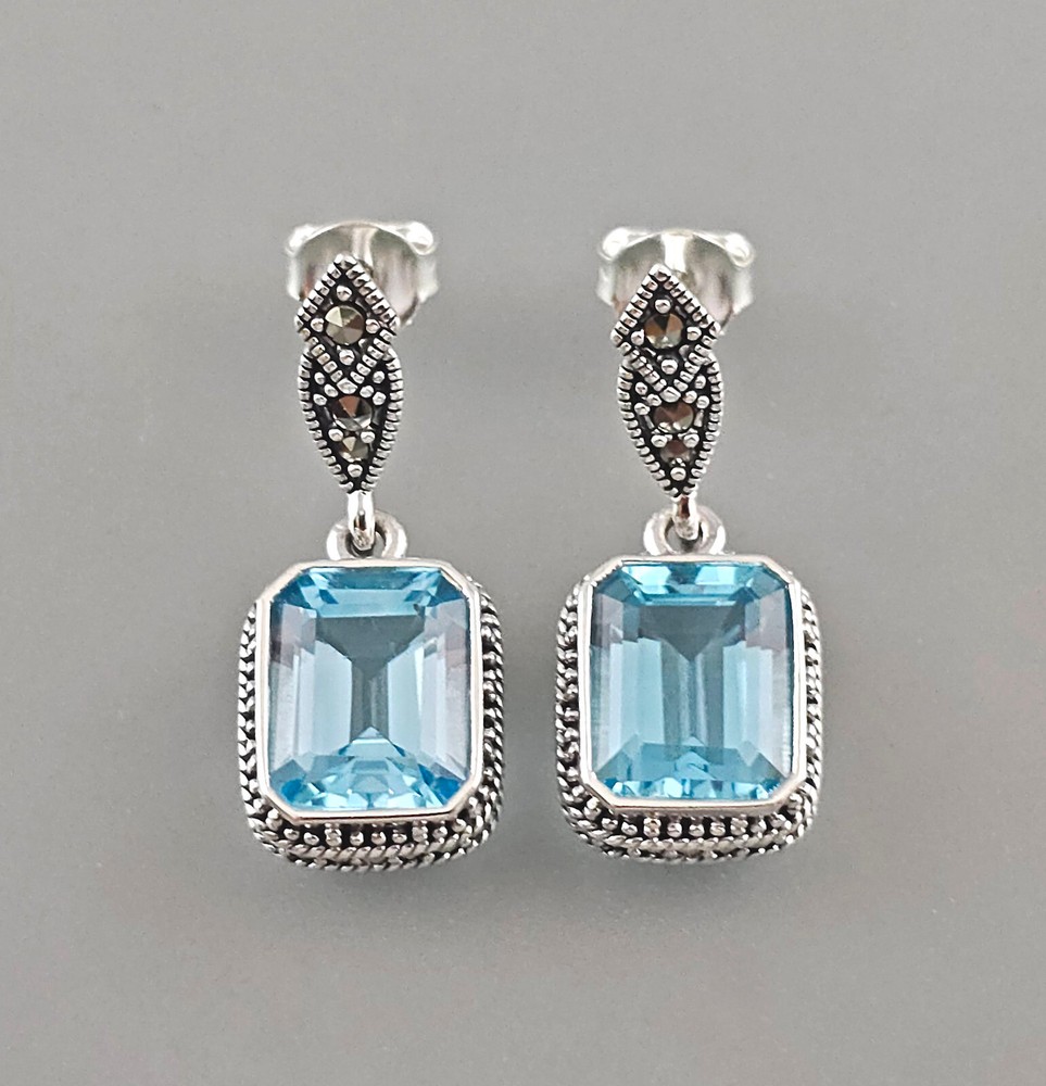 Vintage Sterling Silver Earrings with Blue Opal and Markasite 925 1.2×2.6cm