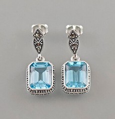 Vintage Sterling Silver Earrings with Blue Opal and Markasite 925 1.2×2.6cm