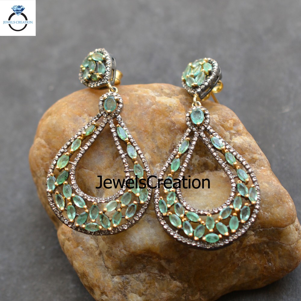 Natural Emerald Gemstone Earrings Pave Diamond Sterling Silver Jewelry Gifts