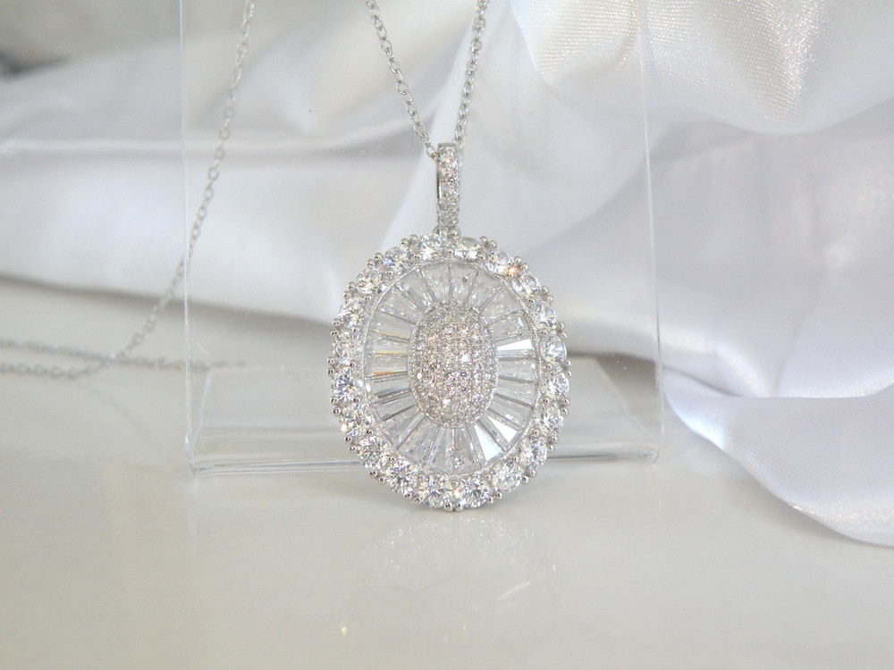 Antique Style Sterling Silver 925 Baguette Cluster CZ Large Pendant Necklace 18″