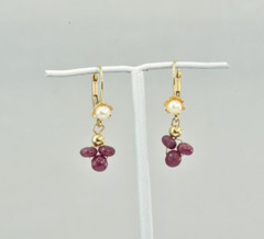 Vintage 14k Gold Earrings Japan Cultured Pearl Natural Ruby Dangles Lever Back