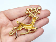 Vintage Signed Mamselle Rhinestone Leaping Reindeer Christmas Holiday Brooch Pin