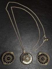 ANTIQUE 22” Double Sided Black Gold Marcasite Glass Pend Necklace Squeeze Earr S