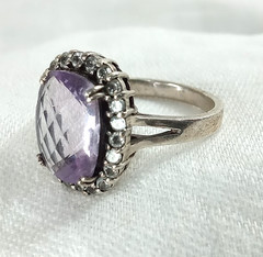 Vintage 925 Sterling Silver RING Cushion Faceted Amethyst Stone CZ Halo 9.5 – 10