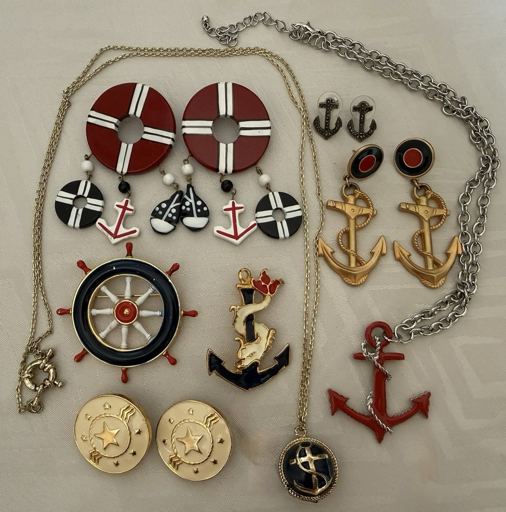 Lot of VTG Nautical Anchor Jewelry Necklace Earrings Brooch Summer