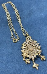 Vintage 60s Hollycraft Ornate Rhinestone Necklace Pendant Yellow Brown Gold Tone