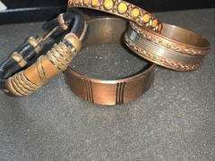 Vintage Brass Copper Bangle Bracelets Ethnic Boho Leather Inlay Lot of 4