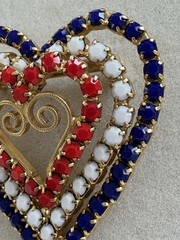 Vintage Patriotic USA Triple Heart Brooch Red White Blue Rhinestones Pin