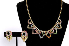 Vintage Multicolor Rhinestone Climber Clip On Earrings & Choker Necklace Set