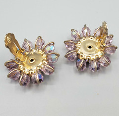 Vintage Unsigned Designer Purple Lilac AB Crystal Bead Halo Gold Plated Earrings
