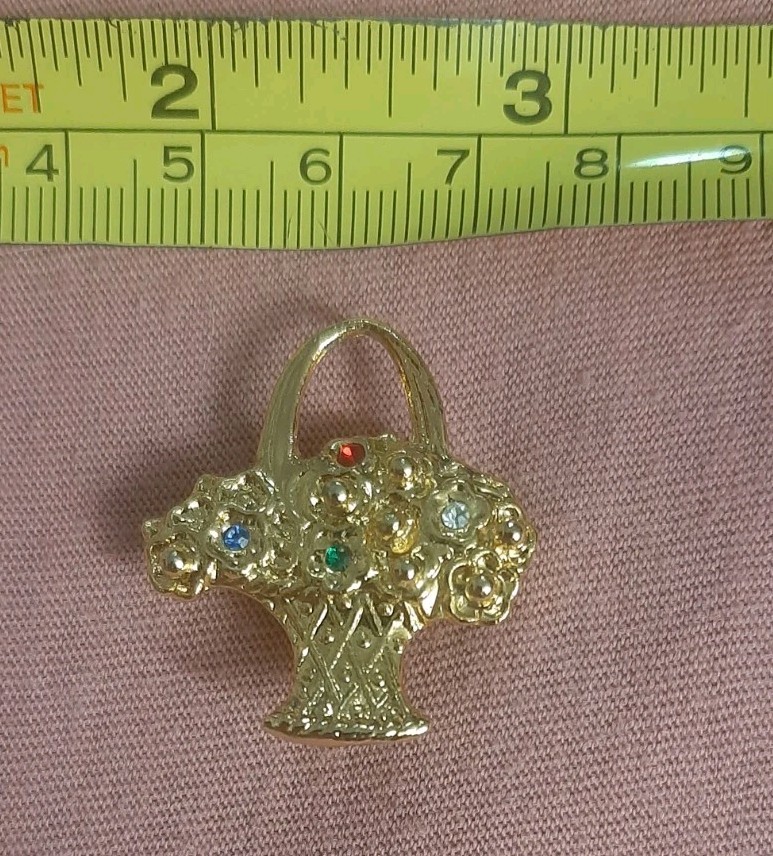 Vintage Gold Tone Flower Basket with Red Green Blue White Rhinestone Brooch Pin