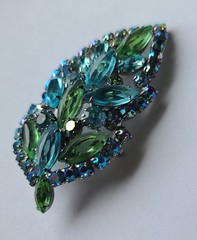 VTG MCM Aque Blue & Lime Green Rhinestone Leaf Brooch Pin (Some AB Finish)