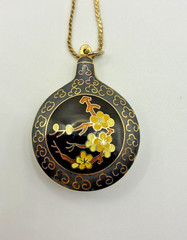 Vintage Cloisonne Pendant Necklace Double Sided Black Floral Gold Tone Enamel