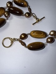 Necklace 2 Strand Tiger’s Eye Cultured Pearl Vermeil Toggle Clasp Vintage Unused