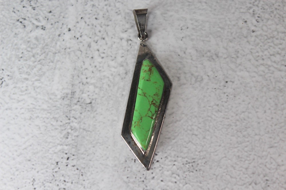 Vintage Mexico Made Green Stone long Pendant