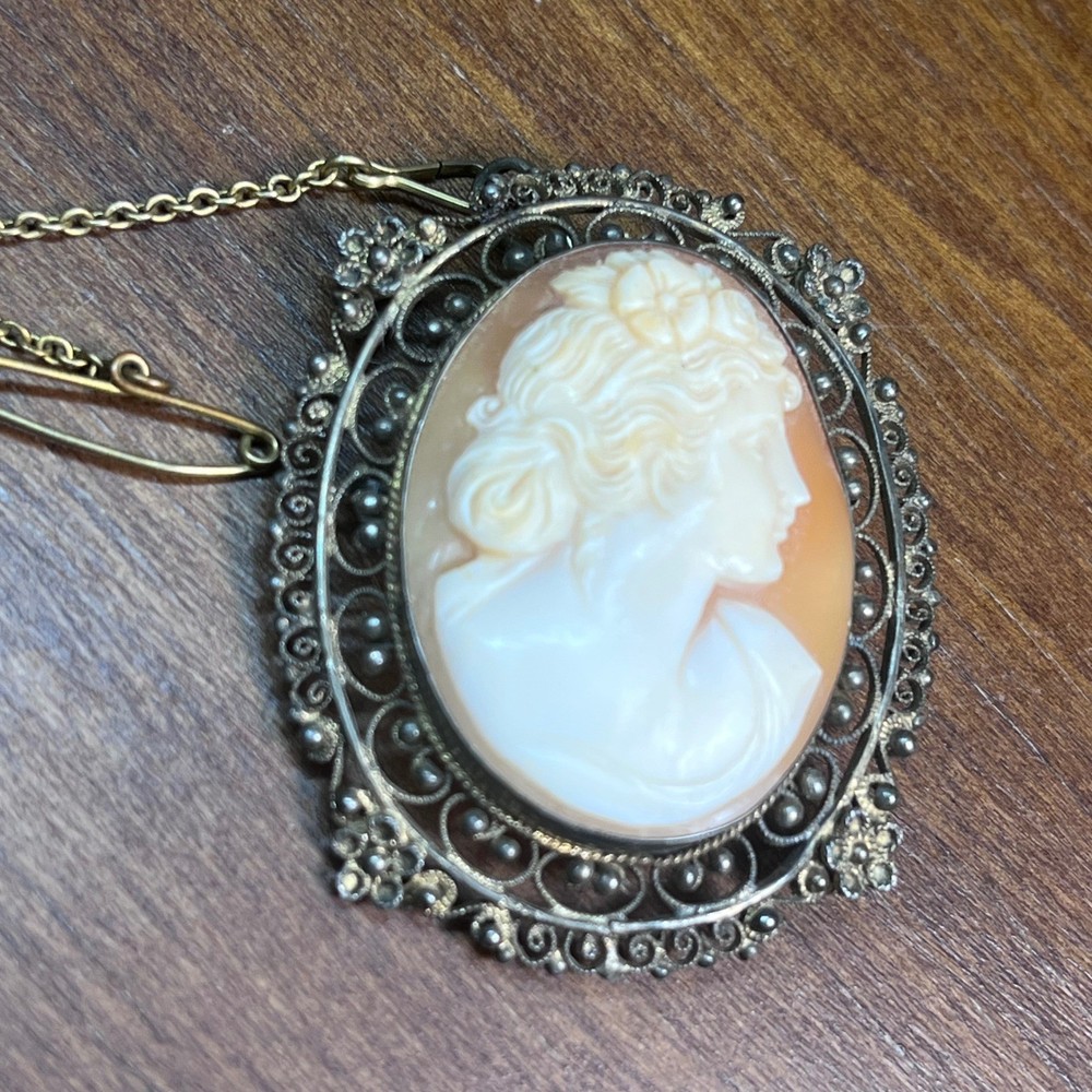 Vtg Hand Carved Shell Cameo Brooch Pendant Gold Tone Filigree Frame Safety Chain