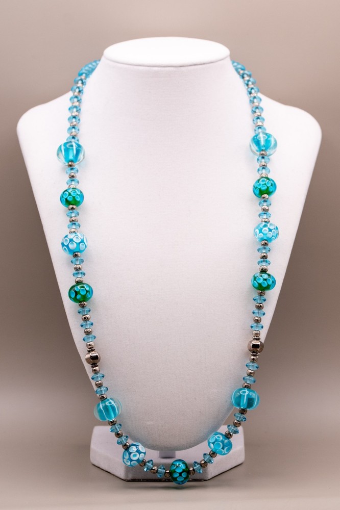 Vintage Lampwork Glass Bead Necklace 24″ Mid Century Blue Green S-Hook