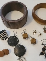 Vintage 70s Style Wood & Leather Jewelry Lot Bangles Earrings Necklace Hippie…