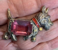 30s Vintage Scottie Dog Brooch Pot Metal Big Pink Glass Stone Signed Star S