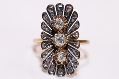 Antique Circa 1900s 18k Gold Natural Diamond Decorated Navette Ring