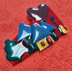 Vintage House Pins by Lucinda Kitty Cat in Yard & Big Purple Heart Pin / Brooch