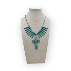 Turquoise Spike Bead & Cross Pendant Necklace – Southwestern Boho Chic Statement