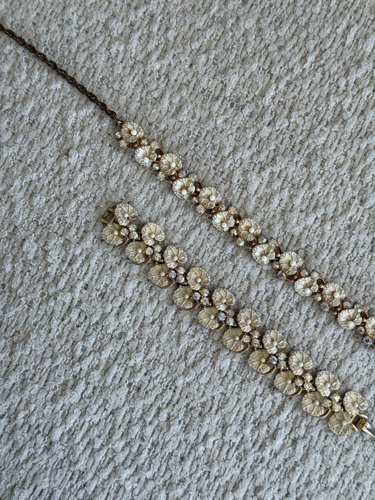 Vintage Gold Tone And White Lilypad Choker And Bracelet Set With Rhinestones