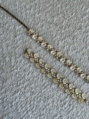 Vintage Gold Tone And White Lilypad Choker And Bracelet Set With Rhinestones