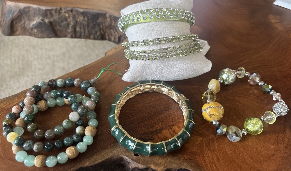 VTG Estate Lot Of 7 Green Bracelets – Stone, Clamp, Rhinestone, Bangles