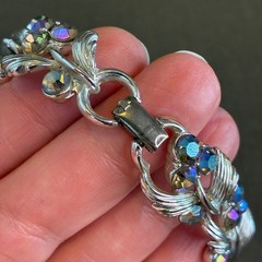 Vintage Rhinestone Bracelet Lisner Aurora Borealis Silver Tone Leaf Design