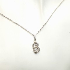 14K Solid White Gold Letter B Initial Diamond Pendant Necklace, Seven Diamonds