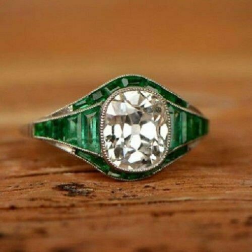 4.00CT Cushion Cut Lab-Created Diamond & Emerald Art Deco Engagement Ring Silver