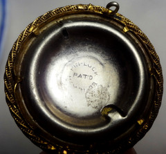 c1898 ANTIQUE MOURNING PIN with CLASSIC CELLULOID PHOTO in ORNATE BRASS & GOLD